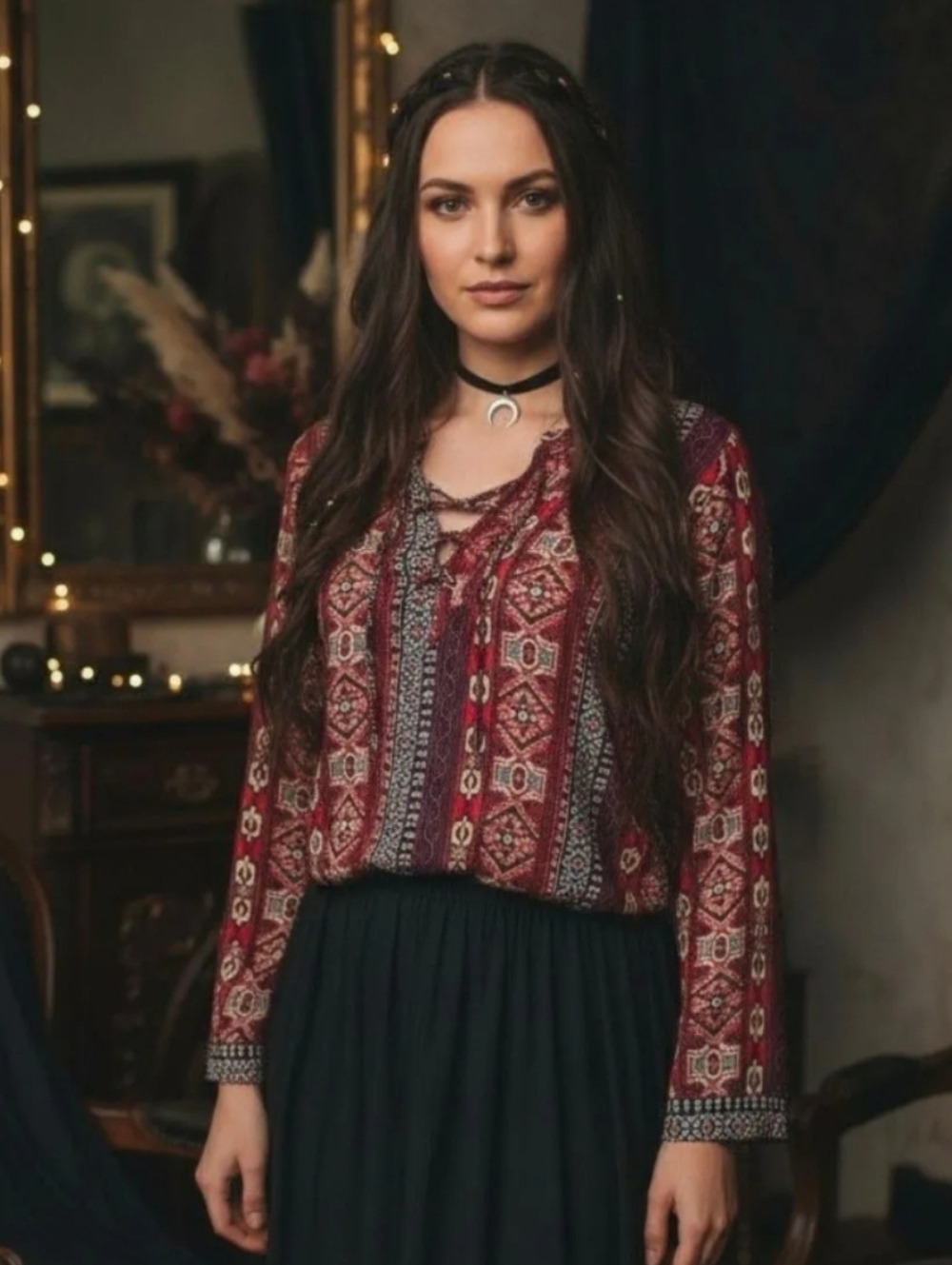 Hollister Burgundy Boho Lace-Up Printed Blouse